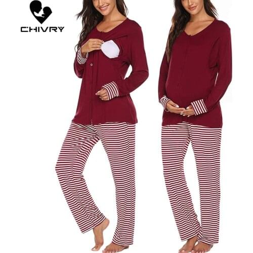 New Maternity Pregnant Women Pajamas Set Long Sleeve Nursing Baby T-shirt Tops+Adjustable Striped Pants Pajamas Cotton Nightwear