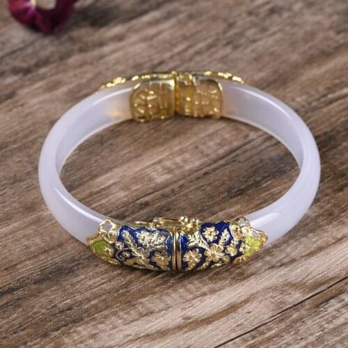 New S925 silver gold-plated woman bracelet cloisonné craftsmanship wishful peony white chalcedony open fashion female bracelet
