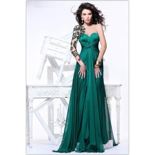 Free Shipping 2018 Arrival Beautiful Appliques Long Sleeves Open Back Emerald Green Chiffon Formal Gowns bridesmaid dresses