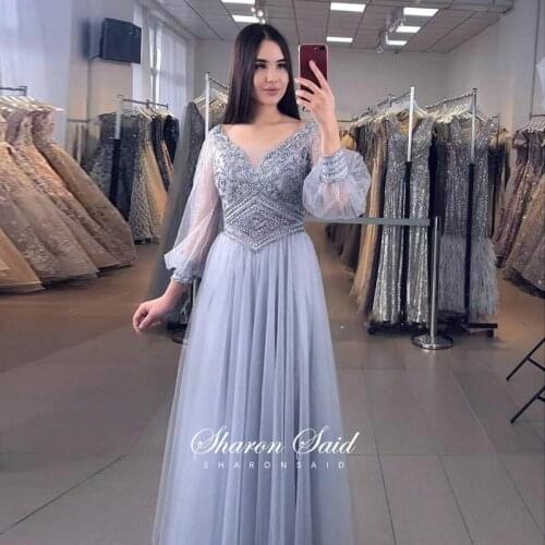 Silver Grey Long Sleeve Muslim Evening Dresses 2021 Elegant V-Neck Beaded Arabic Dubai Formal Gowns Women Wedding Party Dress