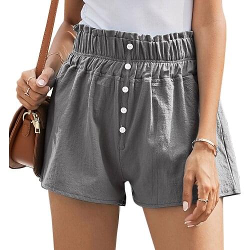 Summer Women Linen Shorts Loose Female Plus Size Solid Color Casual Wide Leg Shorts Elastic Waist Buttons Short Pants