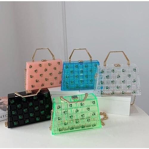 Acrylic Transparent Shoulder Messenger Bags Plaid Ladies Crossbody Bags Chain Handbag Clutch Purse Leaves Printed Women Box