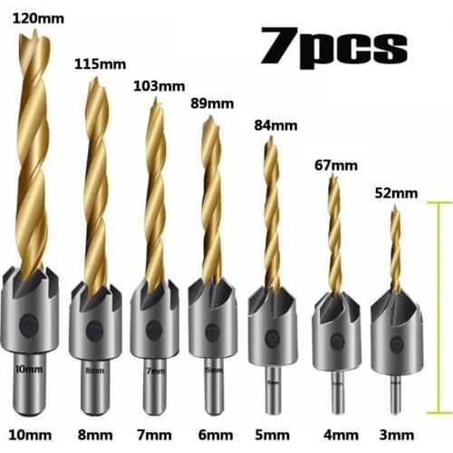 3-10mm Round Shank Titanium Coating HSS Countersink Drill Bit Carpentry Chamfer Boring Woodworking Tool With Hex L-wrench