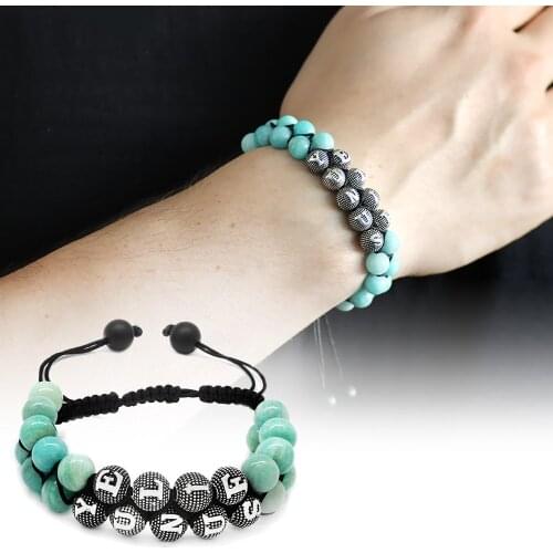 Tesbihane 925 Sterling Silver Personalized Name Written Double Row Macrame Braided Amazonit Natural Stone Bracelet