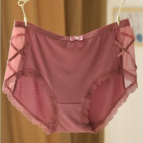 Womens Cotton Briefs Large Sizes New Sexy Lace Thin Mesh Bow Thread Cotton Panties Plus Size Female Underwear for Women 2021