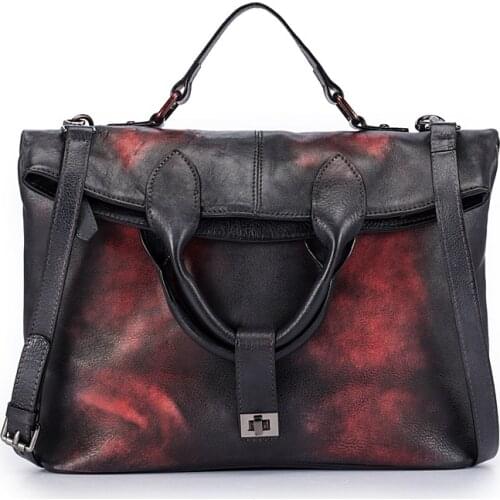 Genuine leather vintage panelled women handbag soft OL briefcase handmade bag high quality