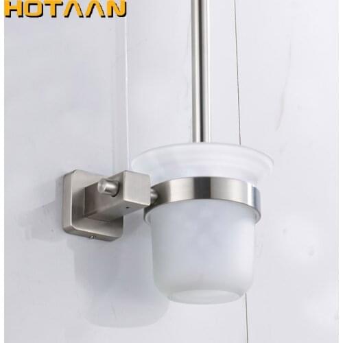 High Quality Luxury Satin Nickel Finish Toilet Brush Holder With Glass Cup Household Products Bathroom Decoration YT-13412