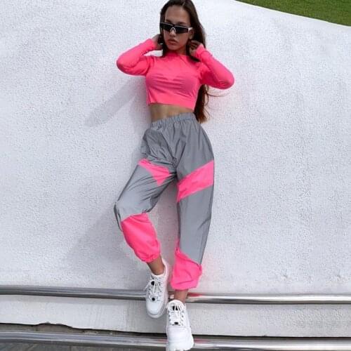 Women Reflection Patchwork Elastic Waist Sports Trousers Fluorescence Color High Waist Beam Feet Casual Workout Pants