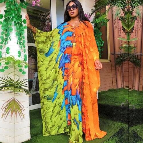 2 Piece Sets Femme 2021 Yellow And Bule Colorful Print African Maxi Dresses And Loose Pants Sets Bazin Casual Suit Party Summer