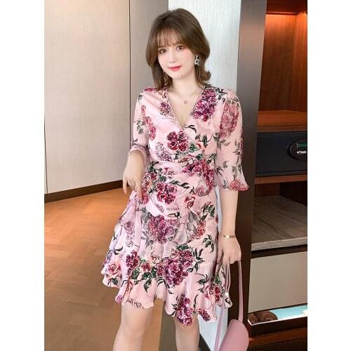 High quality Printing horn sleeve falbala women new summer dress