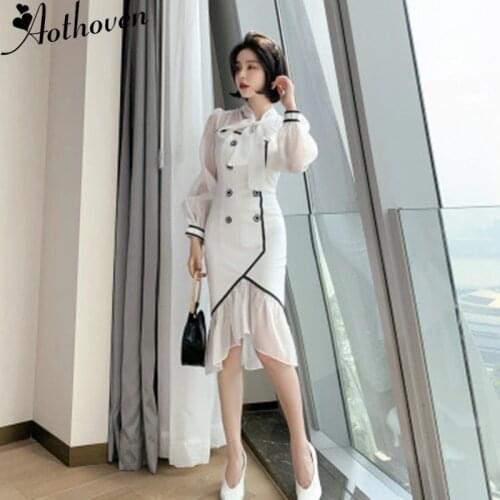 Autumn Contrast Color Mermaid Dresses Mesh Patchwork Bow Collar Long Sleeve Women Dress Office Bandage Vintage Sexy Party Dress