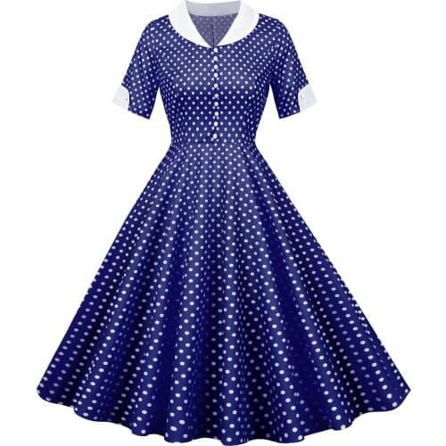 Summer Short Sleeve Polka Dot Dress Women Elegant Work Office Casual Print A-Line Vintage Dress Big Swing Rockabilly Vestidos