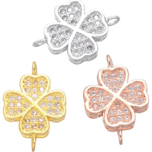1pc Micro-inlaid Zircon Four Clover Flower Double Hanging Connector DIY Handmade Jewelry Making Necklace Bracelet Accessories