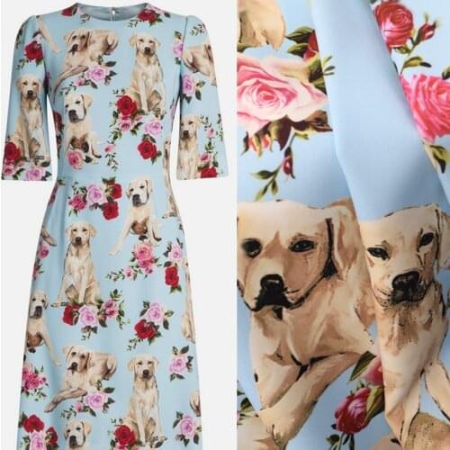 2 Colors Fashion Rose Dog Digital Painting Fine Twill Satin Fabric For Dress Telas Por Metro Tissus Au Mètre Ткань Для Шитья Diy