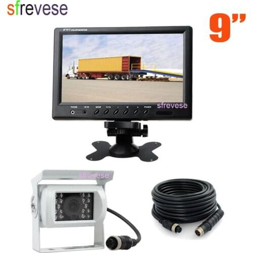 9" Car LCD Monitor + White 4Pin Night Vision Parking Backup Reversing Camera Free 15M cable for Bus Truck parking camera kit