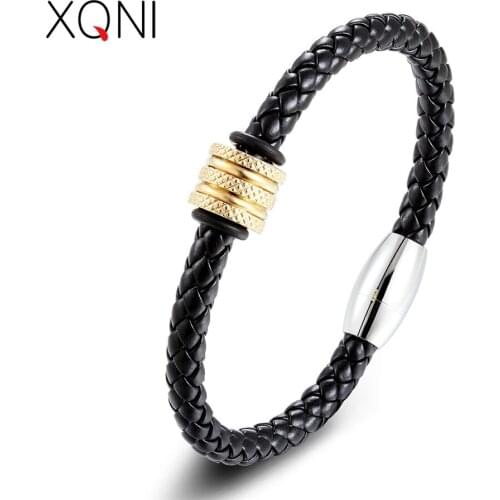 XQNI Birthday Present Elegant Bangle Frosted Gear Genuine Leather Bracelet & Bangle For Men Simple Jewelry 19/21CM Magnet Clasp