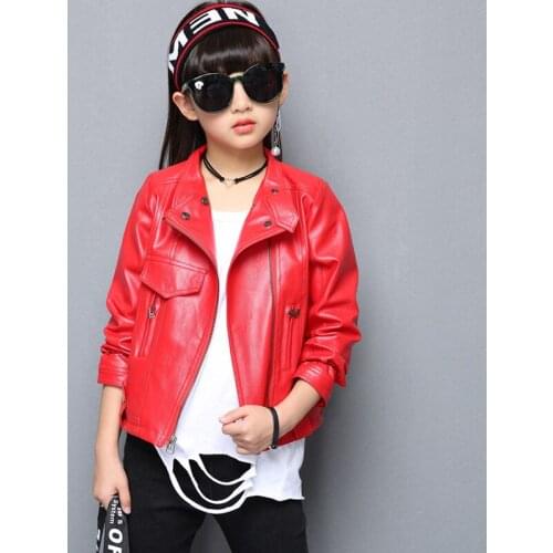 Childrens Pu Jacket Spring Autumn Girls Motorcycle Jacket Solid Color Zipper Coat Teen Kids Fashion Faux Leather Jacket Clothes