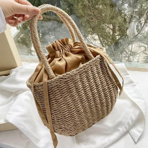 Top Handle Designer Straw Bag for Women 2021 Brand Simple Luxury Summer Handbags Female Travel Small Drawstring Bucket Bag Totes