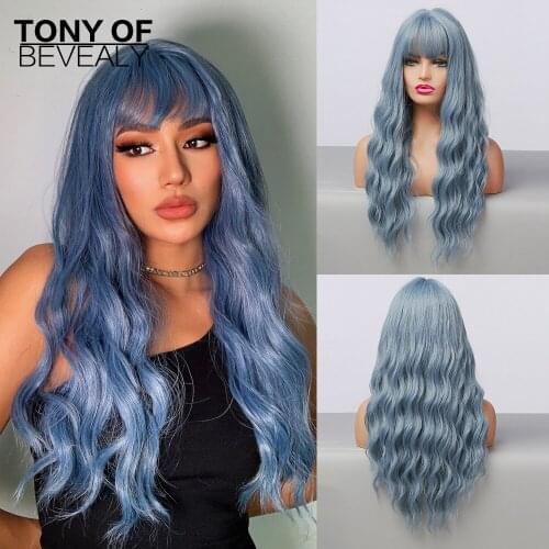 Long Water Wave Blue Synthetic Hair Wigs With Bangs Cosplay Natural Wigs for Black White Women Heat Resistant Fake Hair