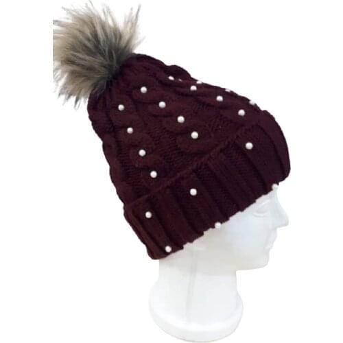 Edwol Women With Pearl Shaggy Beanie Maroon