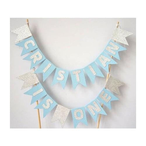 Personalised light blue and silver name age birthday baby cake bunting topper banner christening baptism Party baby shower decor