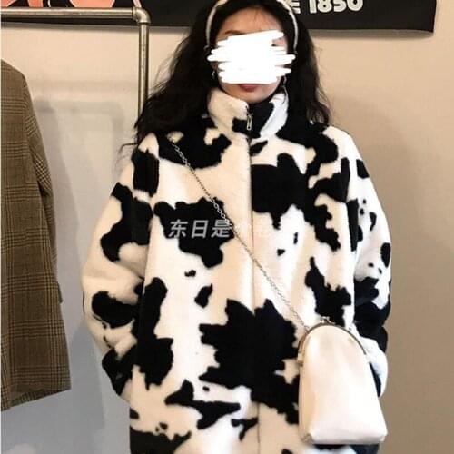Korean Winter New Fashion Coat Harajuku Cows Printing Loose Full Sleeve Leather Jacket Vintage Flannel Keep Warm Cotton Clothe