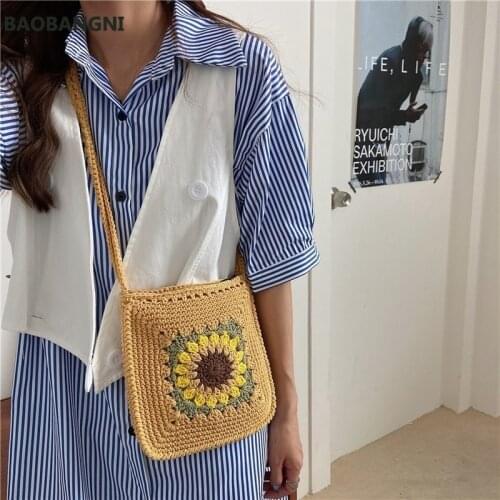 Summer New Sunflower Small Messenger Bag Hollow Woven Knitted Shoulder Crossbody Bags for Girls Mini Cotton Cloth Handbag