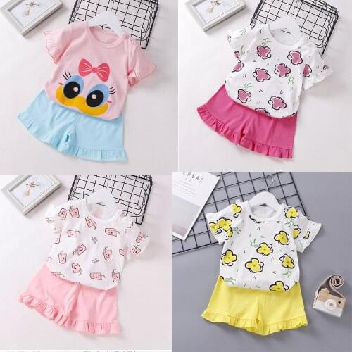 Summer New Children Clothes Girls Cartoon Flower Suit Korean Baby Girls Short Sleeve Set Cute Sweet Plaid Kids Girl Suit Outfits