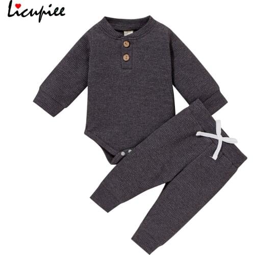 0-24 Months 2pcs Toddler Autumn Outfits, Solid Color Henley Neck Long Sleeve Romper + Casual Pants for Baby Girls, Boys