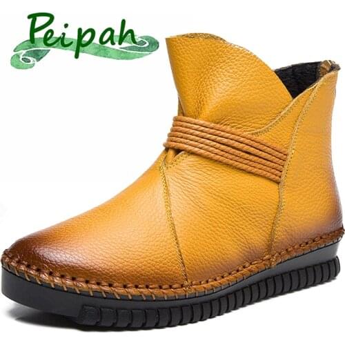 PEIPAH Retro Embroidery Ankle Boots Women Spring Genuine Leather Female Flat Shoes Handmade Warm Classic Womens Boots