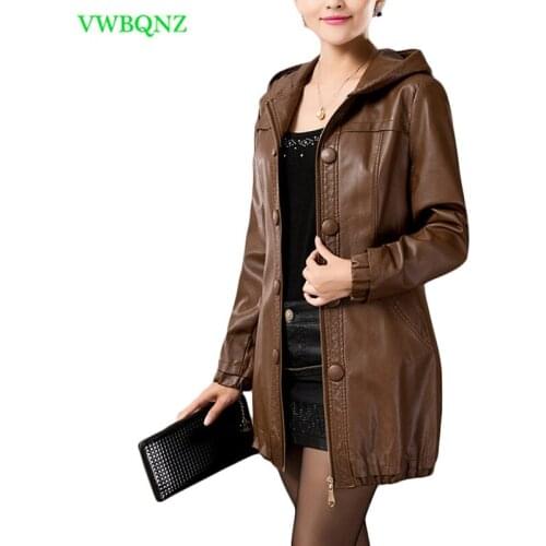 Plus size Women PU Leather Jacket Autumn Winter Long Casual Motorcycle Leather Jacket Womens Hooded Brown Overcoat L-5XL A222
