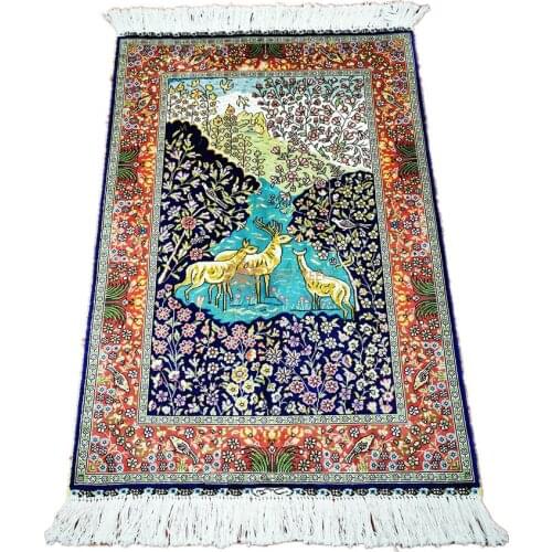 Seeykeep™ 2x3ft Silk Handknotted Rug Using Stunning Pictorial Paradise Garden Design With Birds and Deer Motifs-NY3016279