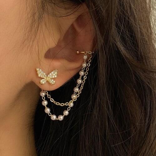 New Korean Elegant Cute Rhinestone Butterfly Stud Earrings For Women Girls Fashion Metal Chain Boucle D'oreille Jewelry