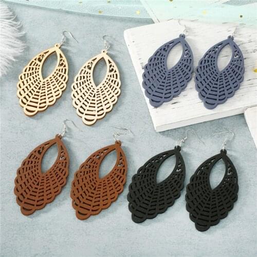 Retro Boho Organic Wood Earrings Brown Hollow Wholesale Price African Woman Wooden Earring Brincos Drop Shipping