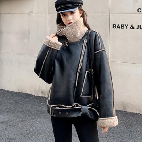 Shnsophi Autumn Winter Women Faux Lamb Leather Jacket with Belt Female Streetwear Moto Biker Black Pu Leather Short Coat Outwear