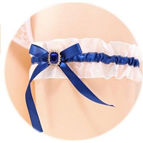 Blue Ribbon Bow Wedding Garter Rhinestone Sexy Garters for Women/Female Bride Accessories Thigh Ring Bridal Leg Garter 5294