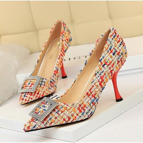 Fashion Buckle Pumps Women High Heel Shoes Elegant Rhinestone Ladies Office Shoes Pointed Toe Women Party Wedding Shoes Pumps