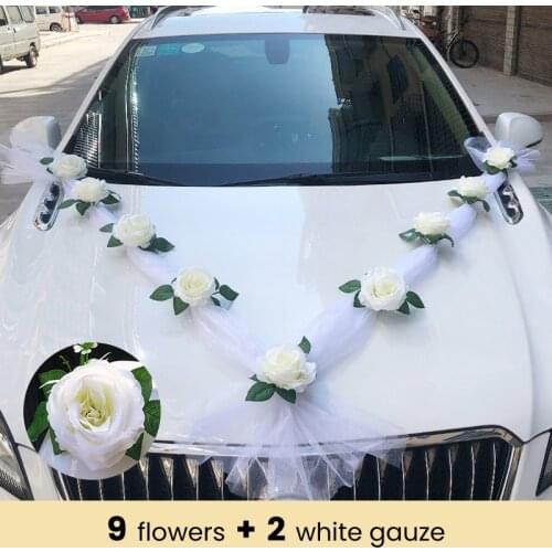 High-end White Rose Artificial Flower Wedding Car Bridal Decorations Door Handle Ribbons Silk Flower Festival Banquet Home Deco
