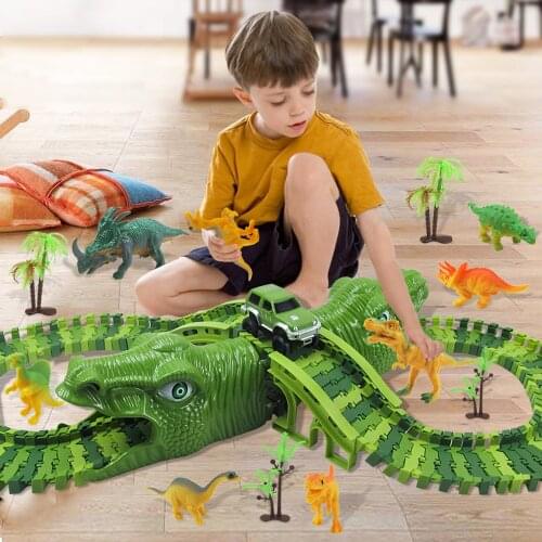 Dinosaur Railway Toy For Kids DIY Assemble Dinosaur Race Track Set Magical Racing Track Railway Electric Race Car Model Toys