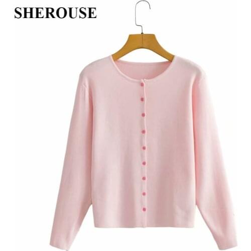 SHEROUSE Women Fashion Pink Knit Cardigan Casual Long sleeves O-neck Vintage Woman Knitted Sweater Knitwear tops