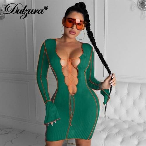 Dulzura stripe patchwork women mini dress flare long sleeve deep v neck lace up bandage cross bodycon sexy streetwear club fall