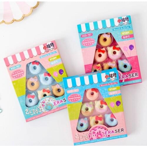 18packs/lot Creative Cute Cat With Bow Donut Office Stationery Eraser Creative Pencil Eraser For Kids Toys Gift Free Shipping
