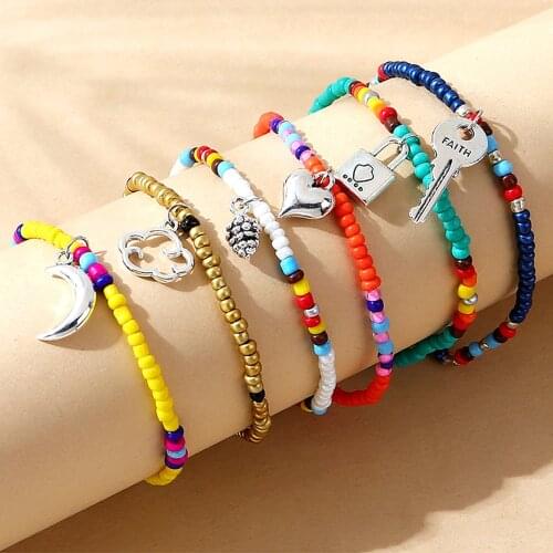 6Pcs/Set Bohemia Simple Mix Beads Bracelet Chain Glass Beaded Moon Key Heart Pendant Charm Bracelets Beach Jewelry Women Bijoux