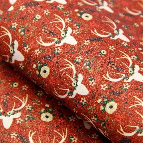 David accessories 20*33cm Christmas Deer Fine Glitter Faux Synthetic Leather Fabric DIY Bow Bag Material Home Decoration,1Yc8315