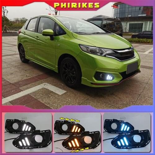 Car LED Daytime Running Lights for Honda Jazz fit 2018 DRL Fog lamp driving lights with Yellow turning signal lights