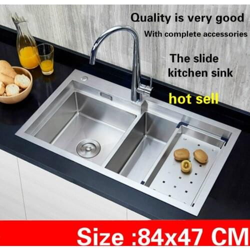 Free shipping High-end luxurious big kitchen manual sink double groove the slide durable food grade stainless steel 840x470 MM