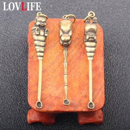 Pure Copper Lucky Bamboo Pig 3 Styles Ear Pick Keychain Accessories Gifts Vintage Brass Cute Pig Key Chain Rings Pendant Jewelry