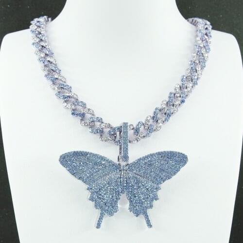 2 Tone White Blue Crystal Miami Cuban Chain Big Size 75MM Pink Butterfly Pendant Necklace Hip Hop Womens Jewelry Iced Out Mens