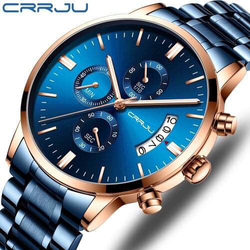 CRRJU New Mens Quartz Watch Big Dial Stainless Steel Business Chronograph Wristwatch Sports Waterproof Clock male Relogio
