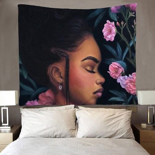 Black Hippie Art African American Girl with Flower Tapestries Wall Hanging